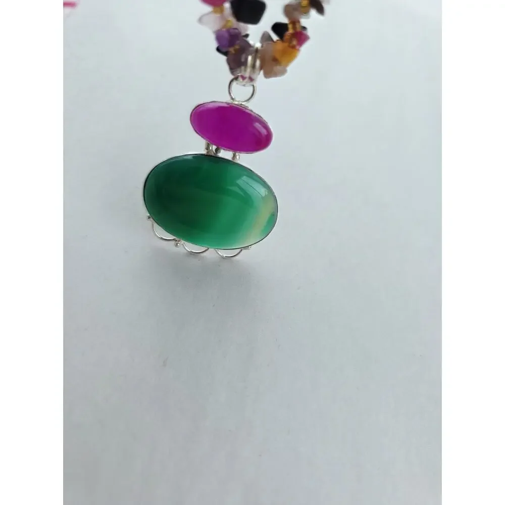 Artisan New Sterling 925 Agate Gemstone Jewel Multi Necklace Colorful Pink Green